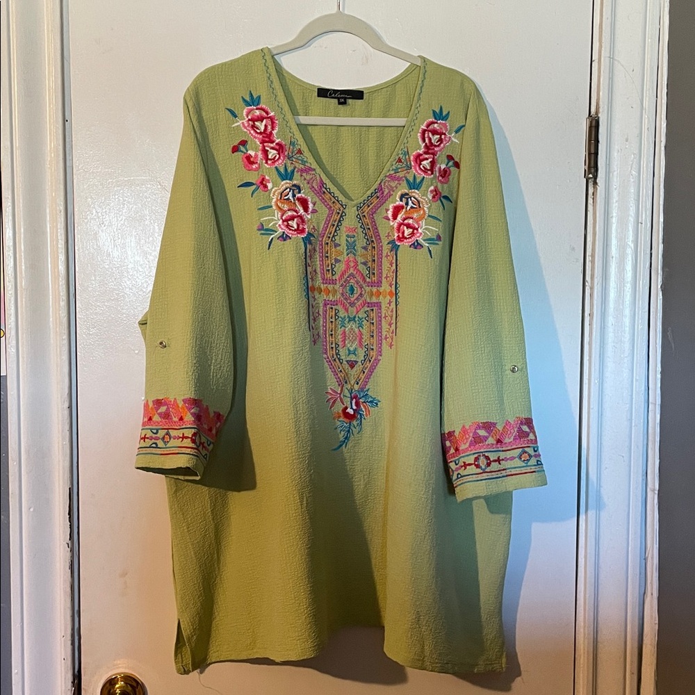 Calessa 3X Sage Green Embroidered Blouse